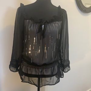 Panhandle Slim Black Sheer/Sequined Off Shoulder Blouse